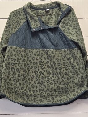 J. Crew Olive Green Leopard-Print Fleece Pullover with Slate Trim